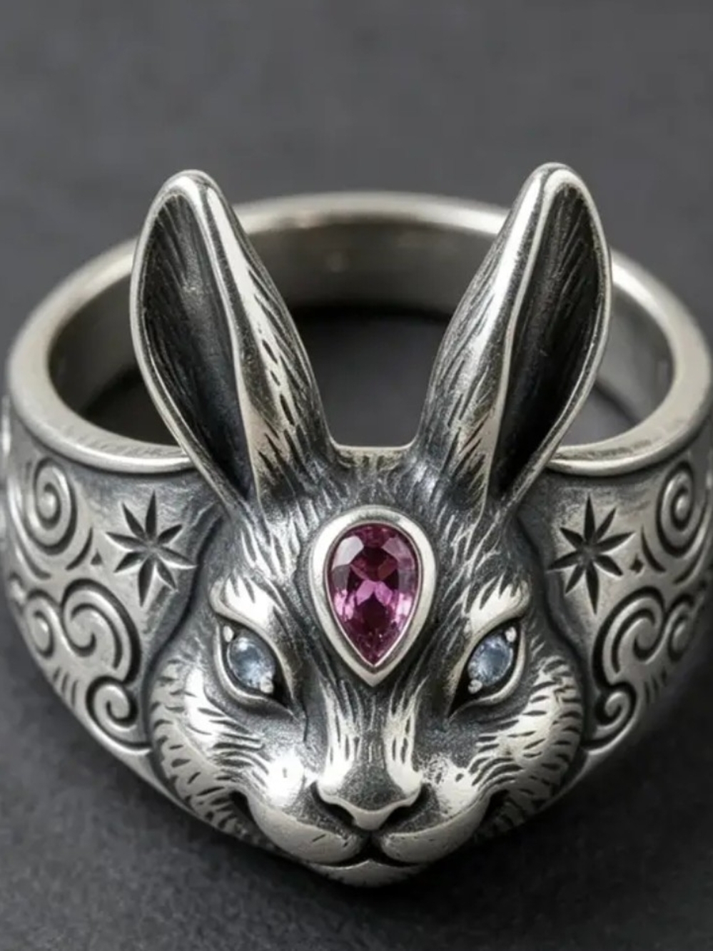 Rabbit Gemstone Ring with Pink Center Stone